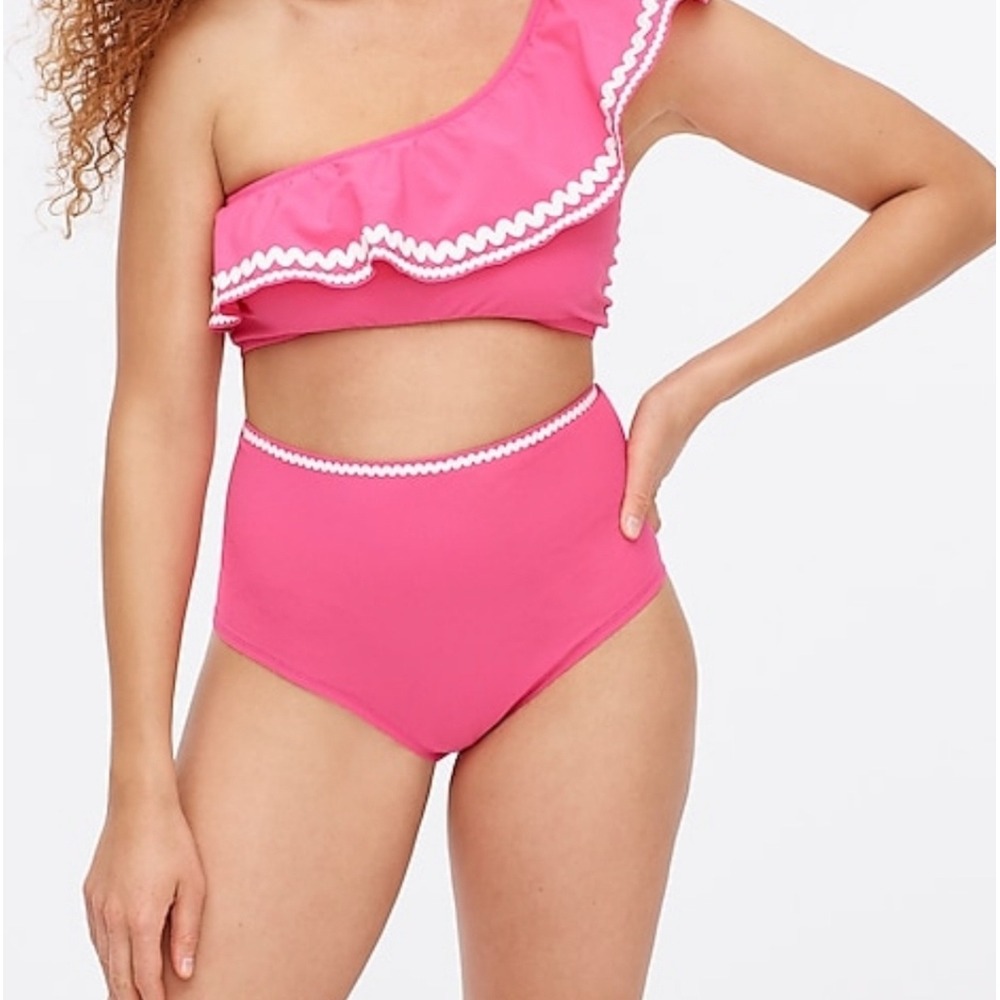 J. Crew One Shoulder High Waisted Rickrack Bikini Barbie pink XXSmall feminine